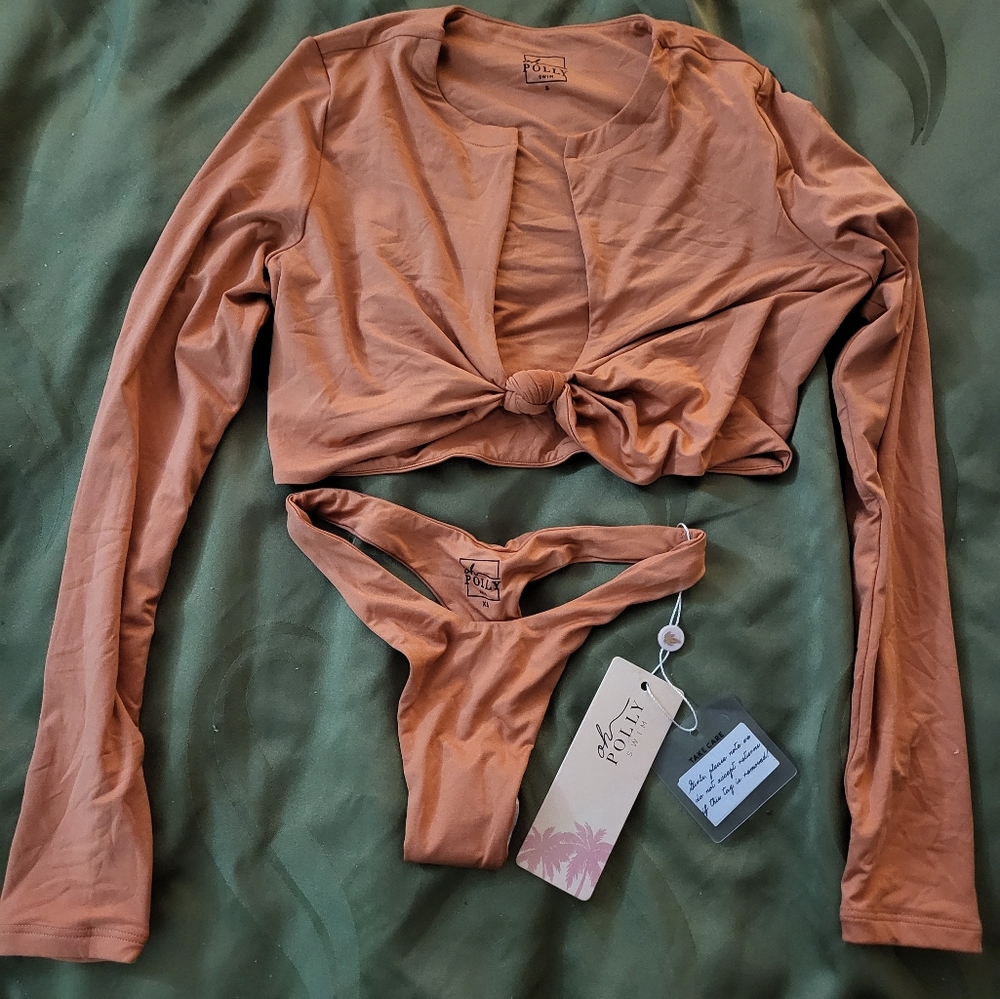 OhPolly halter long sleeve and thong bottom swim size small